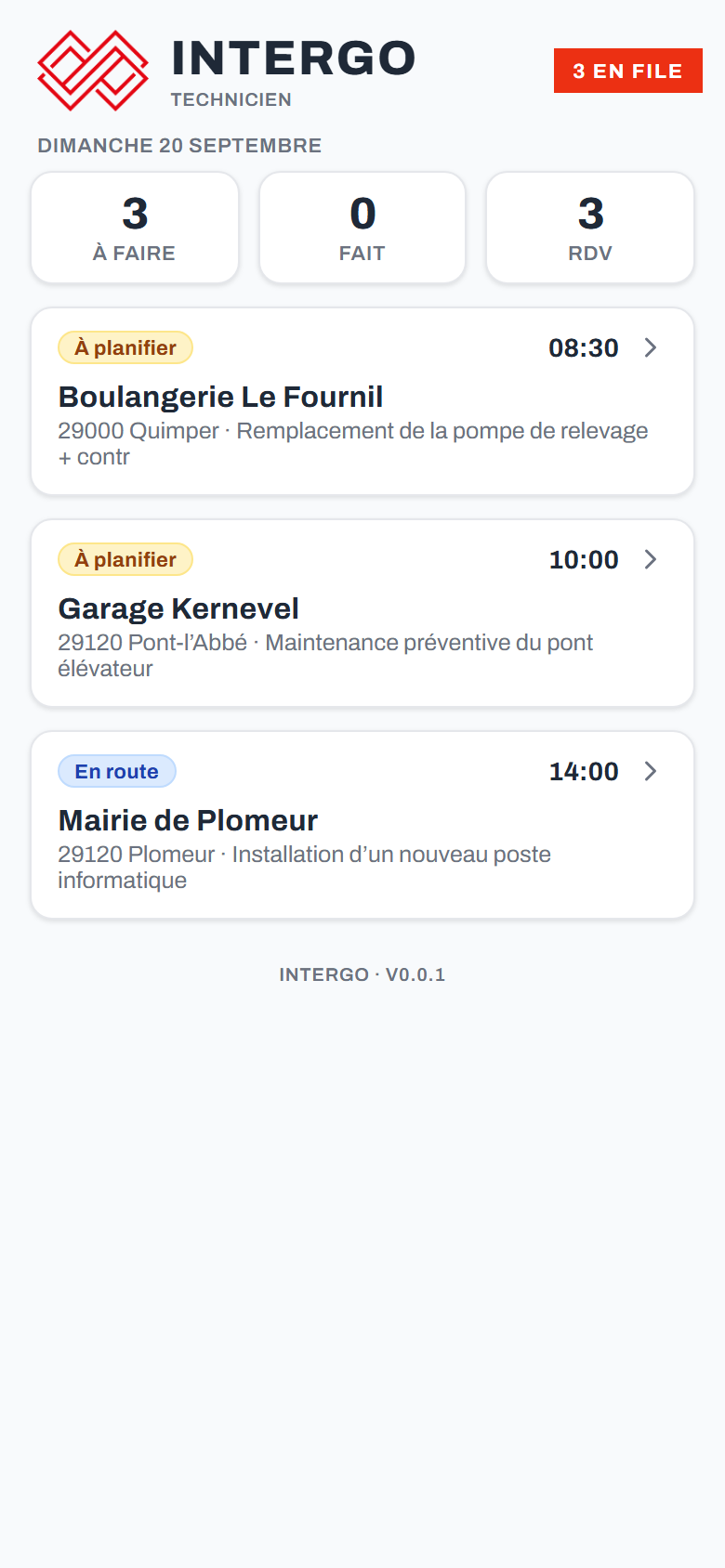 Application INTERGO — la journée d'un chauffeur avec ses interventions